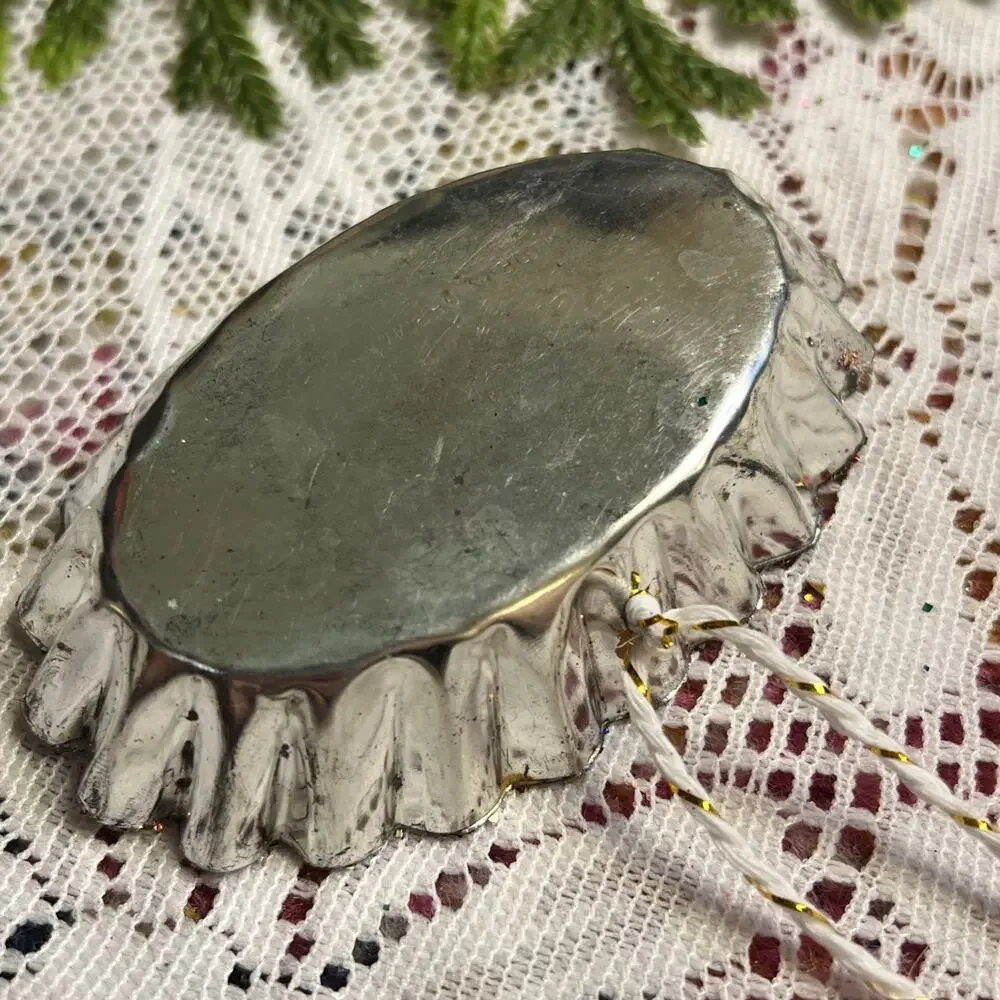 Vintage Oval Tart Tin Train Tree Diorama Mid Century Style Glitter Ornament